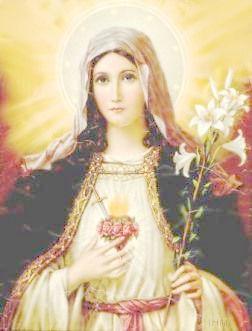The Immaculate Heart is shown encircled by a crown of roses and pierced by a sword, aflame with love for 	      God and mankind. This symbol springs from the vision of the Sacred Heart had by St. Catherine Labour�.